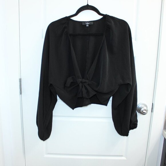 Lulus Long Sleeve Tie Front Crop Top Size Medium Black - Picture 1 of 3